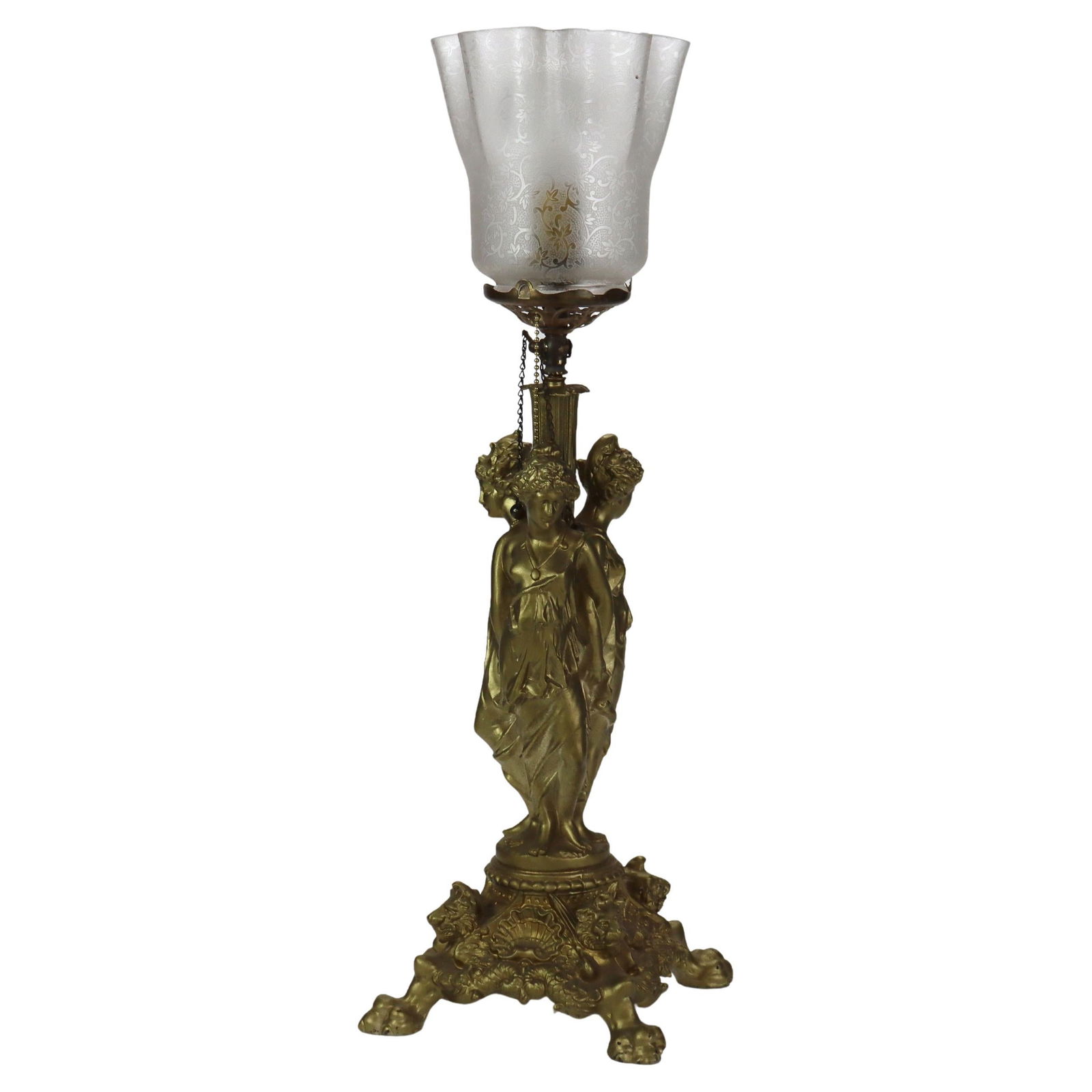 Antique 1890 Classical Three Graces Figural Gilt Table Lamp with Etched Glass Shade (1 of 9)