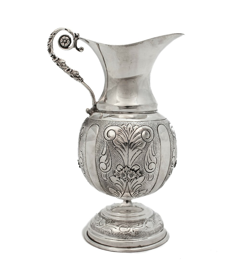 Handcrafted 925 Sterling Silver Oil Pitcher with Floral Applique Matte Shiny Finish (1 of 5)