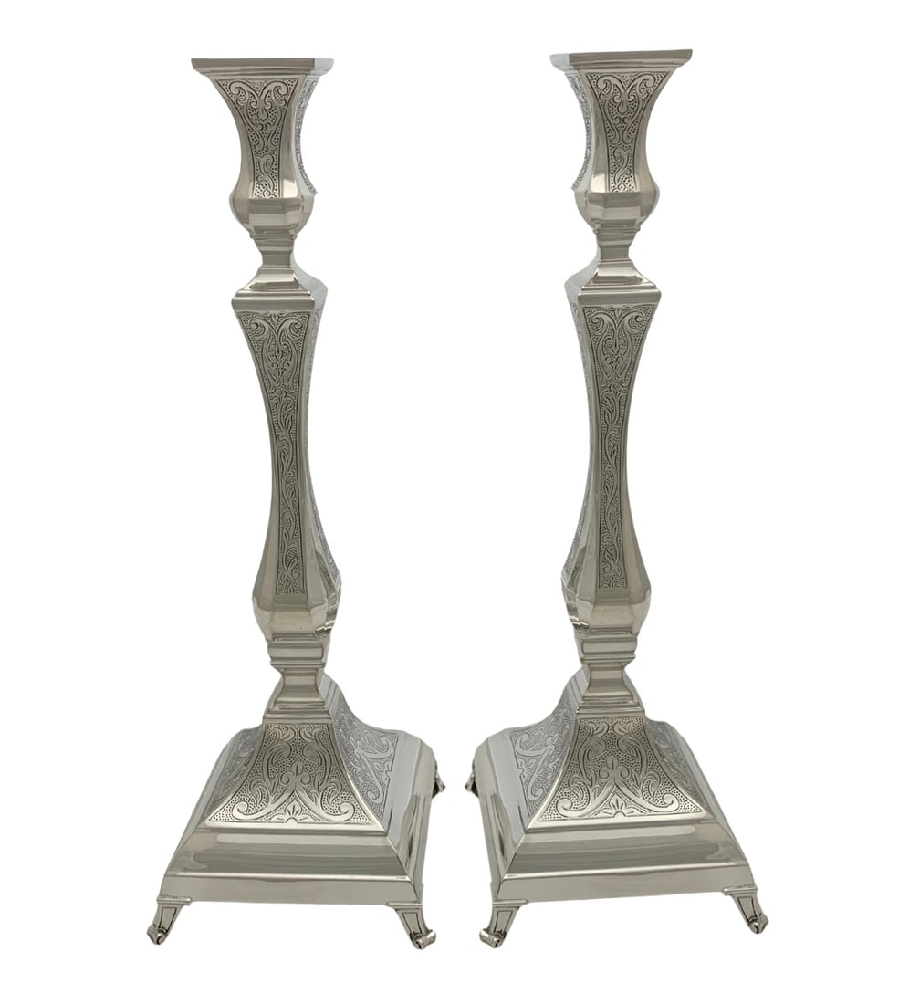 Handmade 925 Sterling Silver Swirl Square Candlesticks 13.75": Handmade 925 Sterling Silver Swirl Square Candlesticks 13.75" Illuminate your space with these exquisite handmade chased swirl square candlesticks, crafted from fine 925 sterling silver. These candles