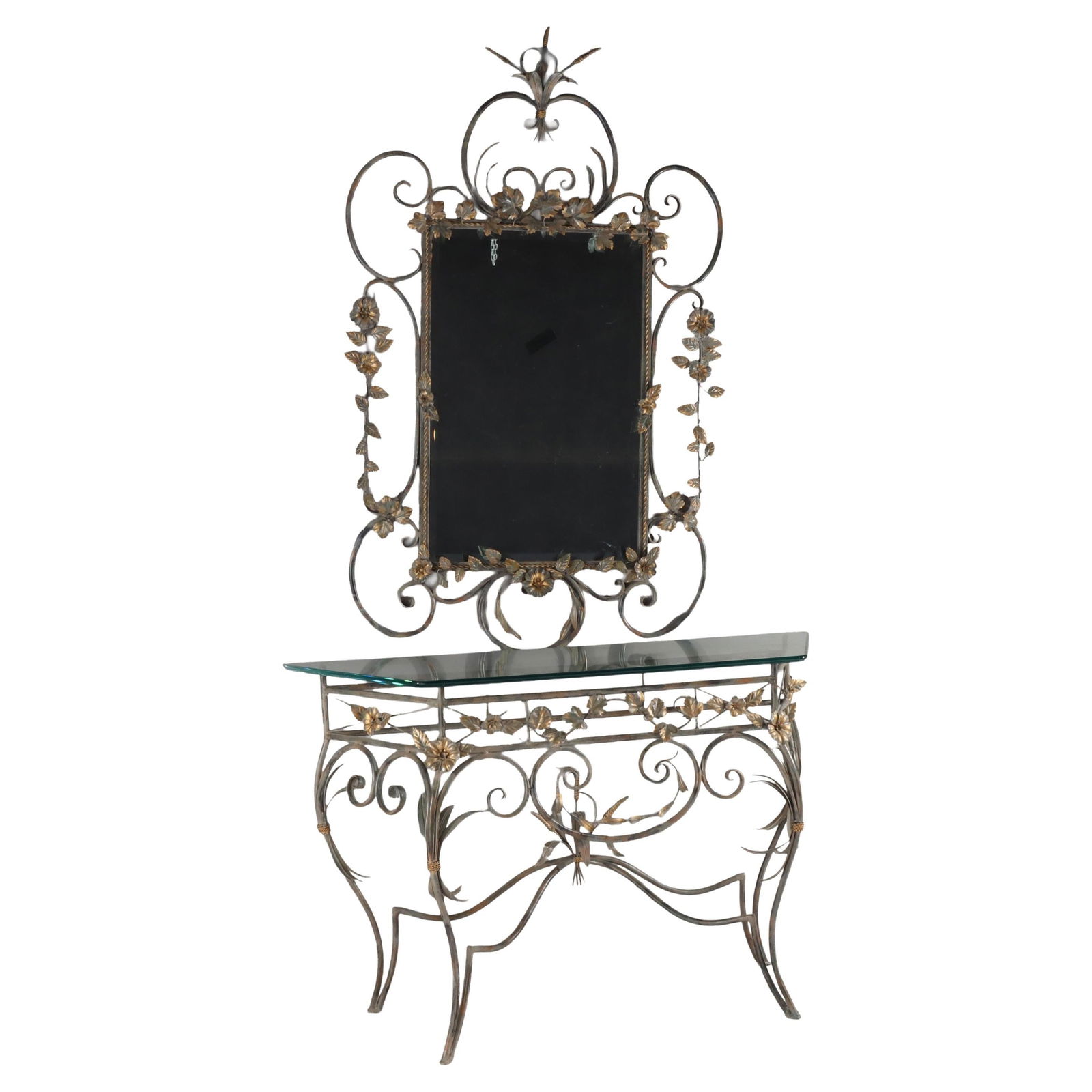 Set of Two LaBarge Floral Glass Top Pier Table and Mirror with Silver Gilt Metalwork (1 of 12)