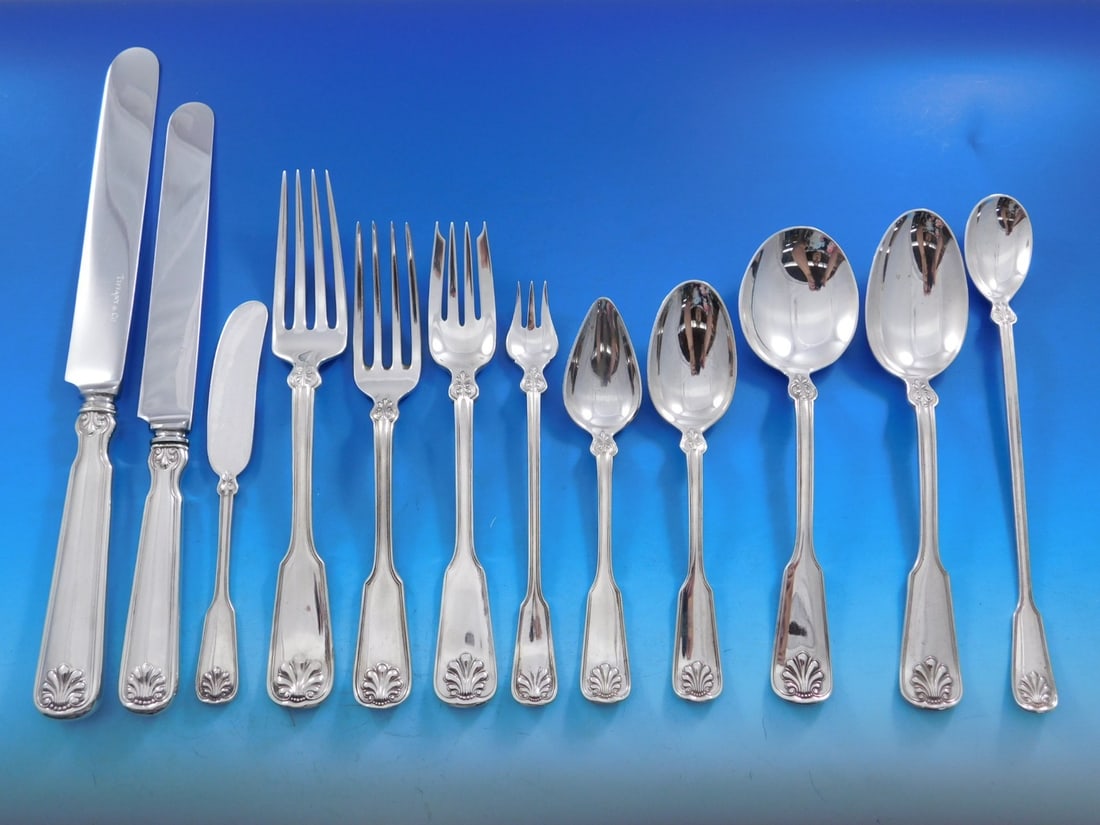 Tiffany & Co. Shell & Thread Sterling Silver Flatware Set 151 pcs for 12: Tiffany & Co. Shell & Thread Sterling Silver Flatware Set 151 pcs for 12 Experience the timeless elegance of the Shell & Thread pattern by Tiffany & Co. This monumental sterling silver flatware set is