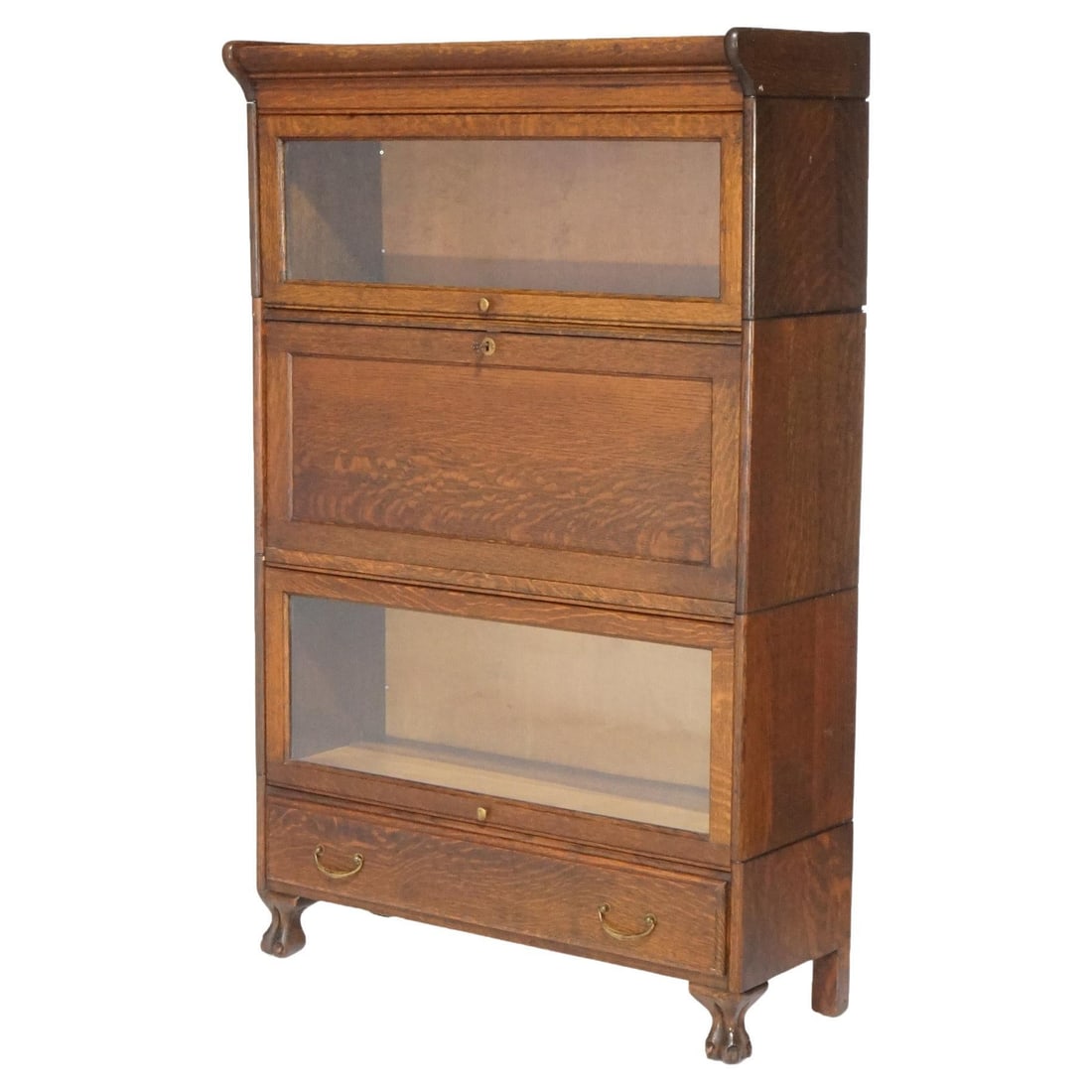 Antique Arts and Crafts Oak Barrister Bookcase with Desk and Paw Feet c1910: Antique Arts and Crafts Oak Barrister Bookcase with Desk and Paw Feet c1910 This antique Arts and Crafts three-stack barrister bookcase secretary showcases the exquisite craftsmanship of the early 20t