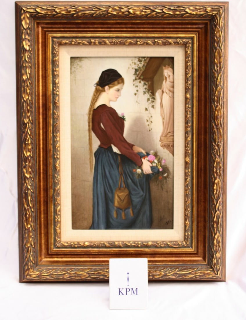 19th Century KPM Signed Marguerite Porcelain Plaque in Gold Frame: 19th Century KPM Signed Marguerite Porcelain Plaque in Gold Frame Experience the elegance of the 19th century with this exquisite KPM porcelain plaque featuring Marguerite. This magnificent hand-paint
