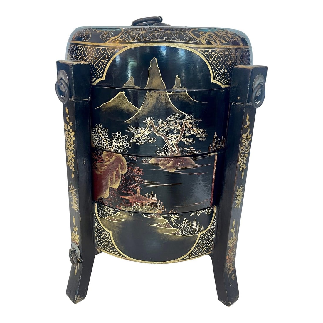 19th Century Chinese Black Gold Lacquer Three Tiered Wedding Basket: 19th Century Chinese Black Gold Lacquer Three Tiered Wedding Basket This exquisite Chinese Three Tiered Black & Gold Lacquer Wedding Basket, dating back to the 19th century, features a stunning design