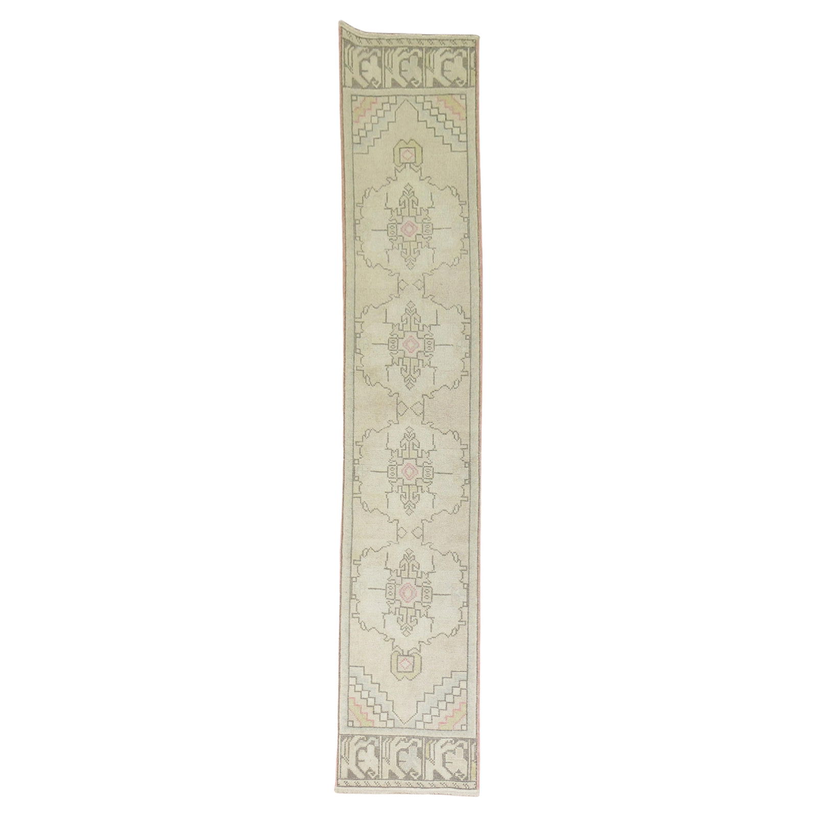 Mid-20th Century Hand-Knotted Turkish Runner Wool 1'10 x 9'3 Adirondack Style: Mid-20th Century Hand-Knotted Turkish Runner Wool 1'10 x 9'3 Adirondack Style This mid-20th century skinny Turkish runner features a geometric design crafted from high-quality hand-knotted wool,