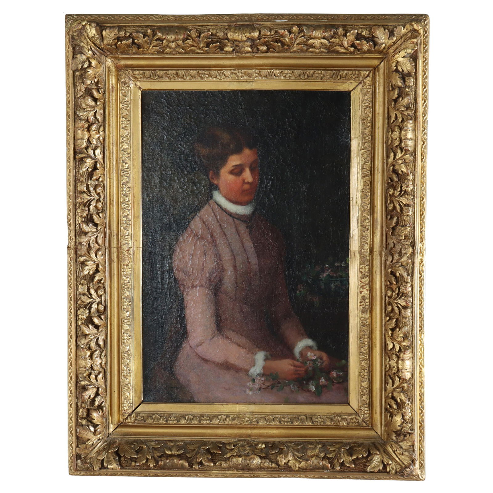 Antique Oil Portrait of Maiden by R Grant c1890 in Newcomb Macklin Frame: Antique Oil Portrait of Maiden by R Grant c1890 in Newcomb Macklin Frame This exquisite antique oil on canvas portrait depicts a maiden in a contemplative pose, skillfully signed by R. Grant and