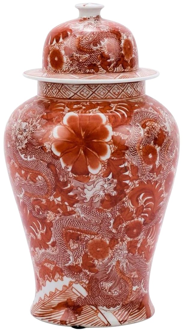 Handmade Orange Ceramic Temple Jar with Dragon Floral Design (1 of 2)