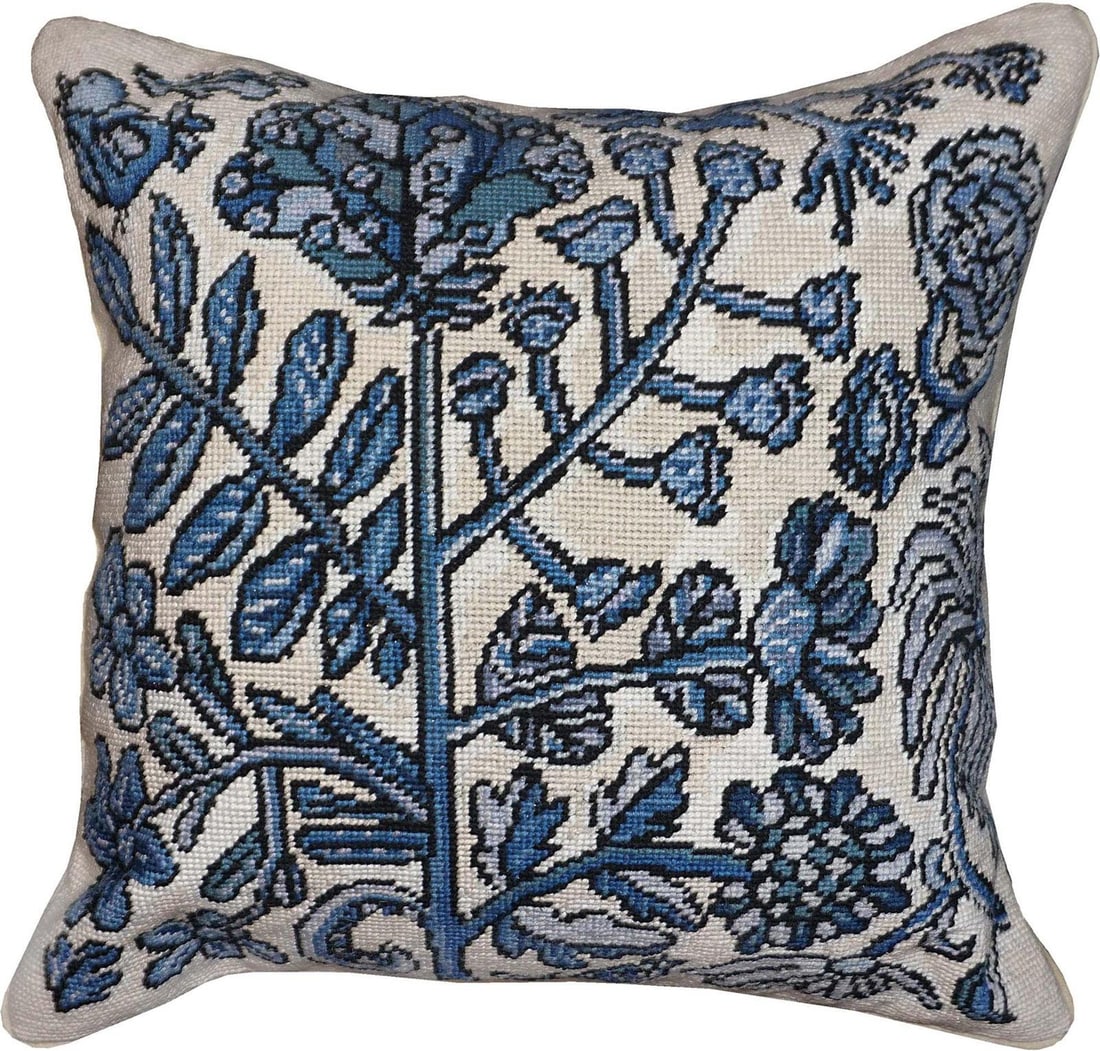 Delft Style Needlepoint Pillow by Gilhooly 18x18: Delft Style Needlepoint Pillow by Gilhooly 18x18 Enhance your home decor with this Classic Vintage Style Needlepoint Pillow, expertly crafted to bring a touch of elegance to any room. This pillow feat