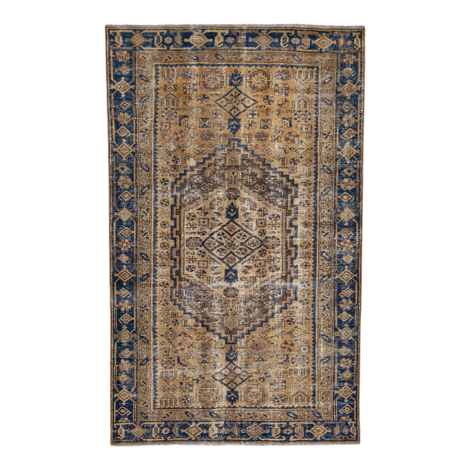 Vintage Persian Tribal Brown Wool Rug Hand-Knotted 4'4" x 7'2": Vintage Persian Tribal Brown Wool Rug Hand-Knotted 4'4" x 7'2" This stunning vintage Persian rug features a beautifully distressed hand-knotted wool construction in a rich brown color. The design show