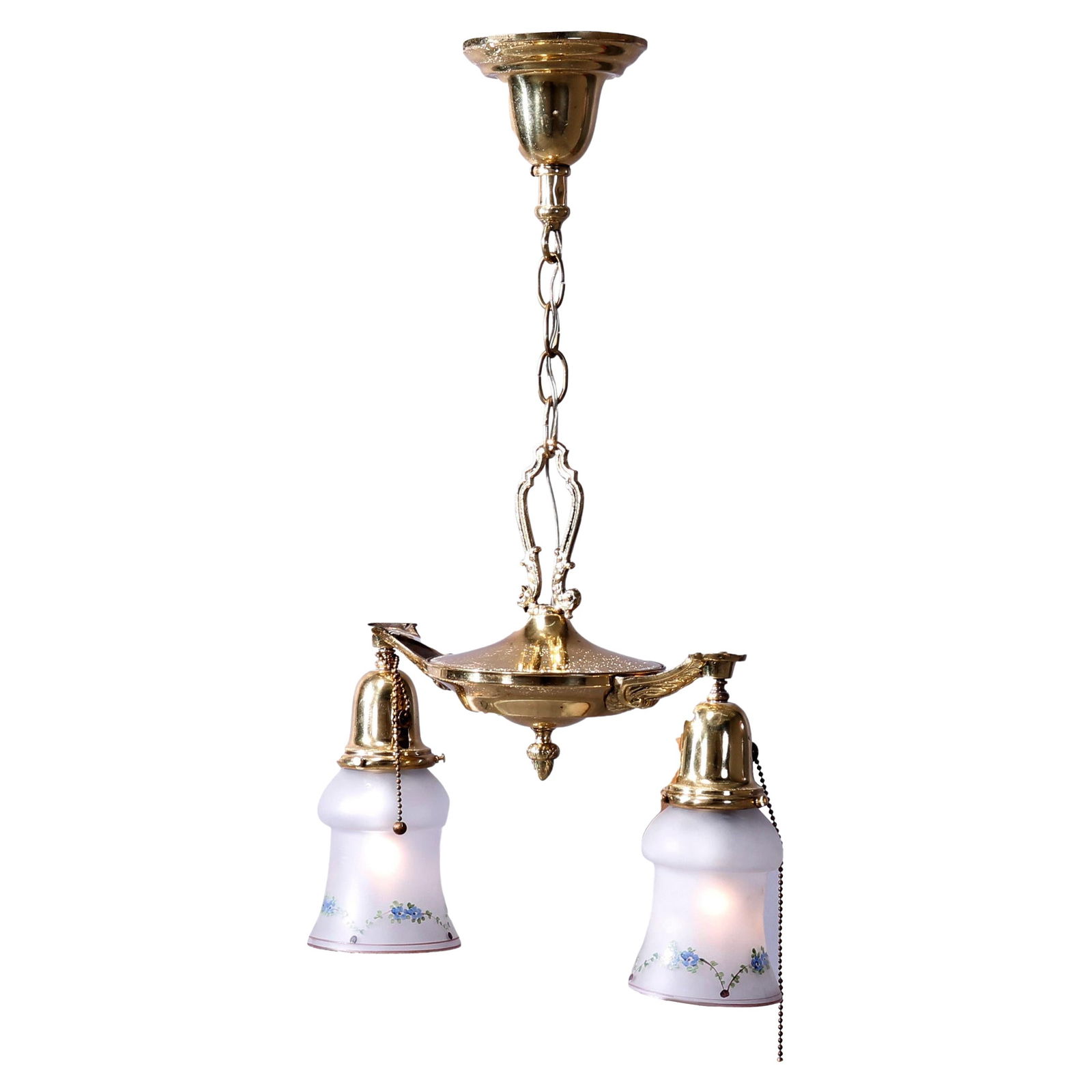Vintage 1920 Antique Brass Two Drop-Light Ceiling Fixture: Vintage 1920 Antique Brass Two Drop-Light Ceiling Fixture Illuminate your space with this exquisite Antique Brass Two Drop-Light Hanging Ceiling Fixture, dating back to circa 1920. This striking piece