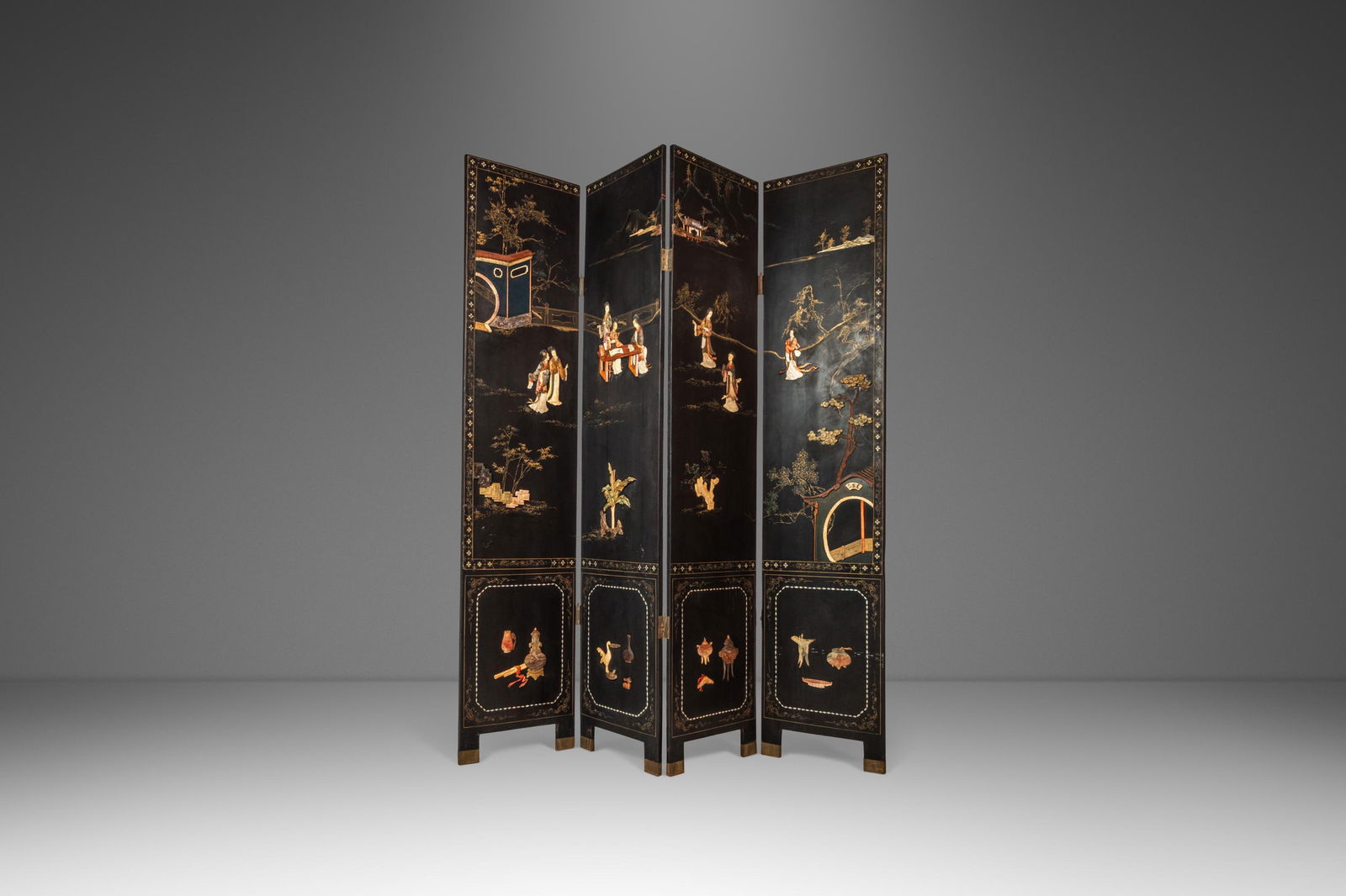 Vintage Chinese Four Panel Folding Screen with Hardstone Carvings 1950s (1 of 10)