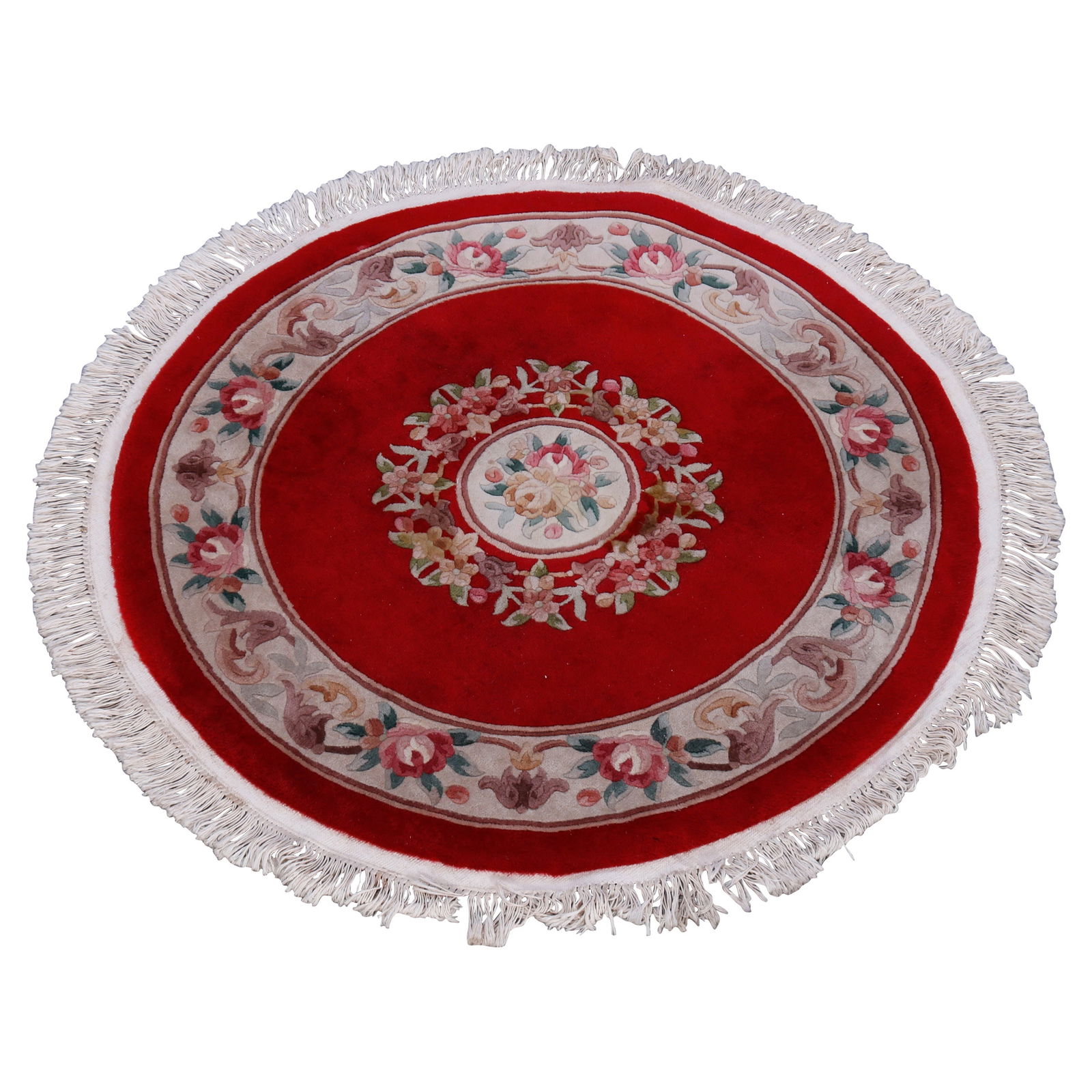 Vintage Chinese Nichols Hand-Knotted Wool Round Rug 55in Red Floral (1 of 8)