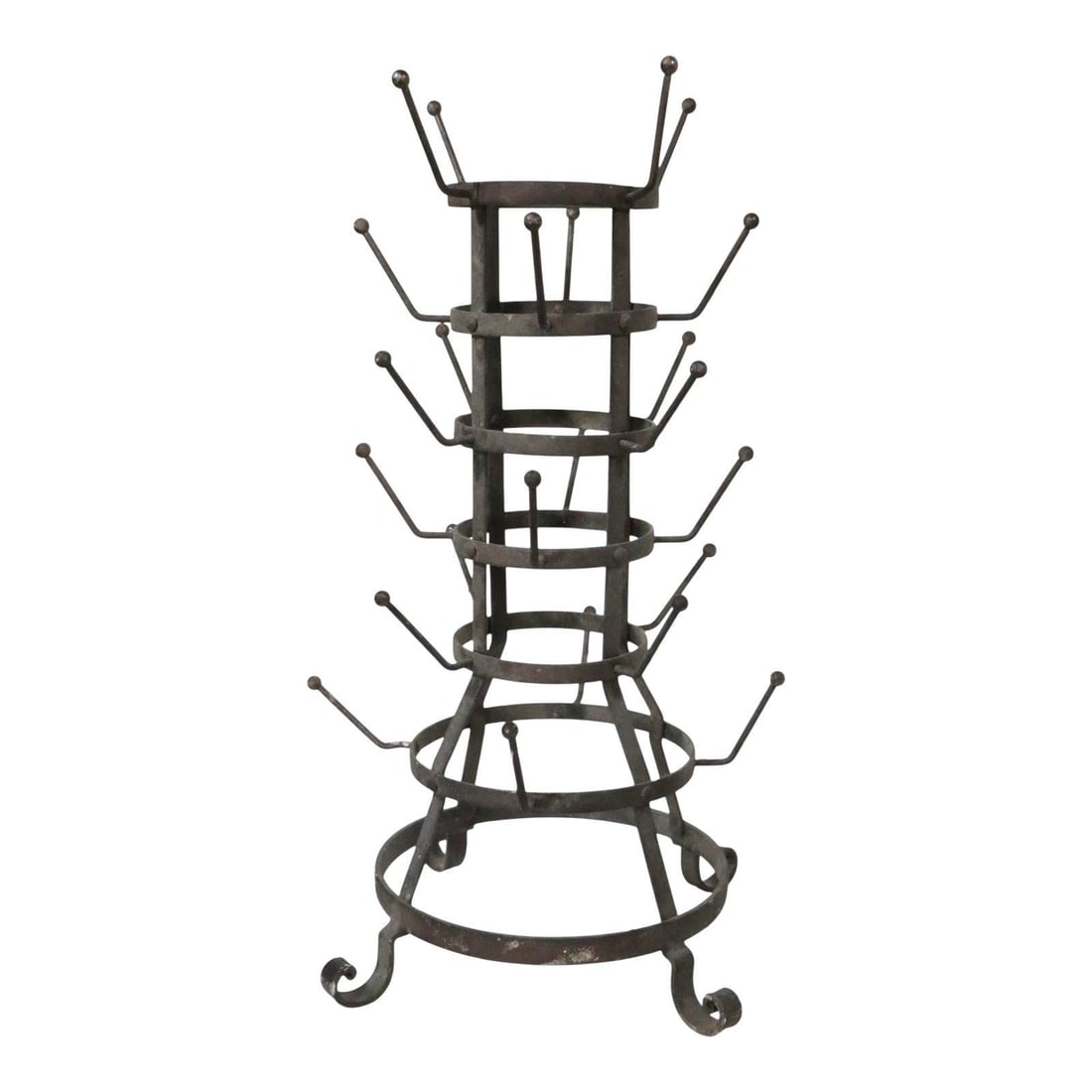 Early 20th Century French Zinc Wine Rack with 24 Bottle Hooks: Early 20th Century French Zinc Wine Rack with 24 Bottle Hooks This industrial style French wine bottle tree dates from around 1900 to 1920 and features six tiers with a total of 24 bottle hooks. It is