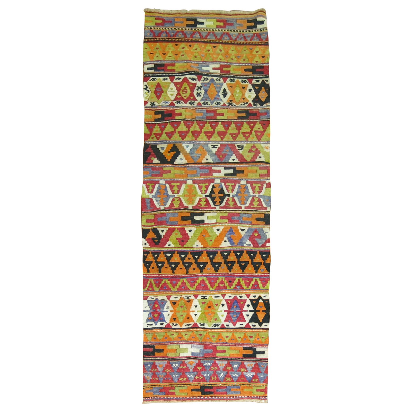 Vibrant 1940s Turkish Kilim Runner Wool Hand-Knotted Bohemian Style 30x82: Vibrant 1940s Turkish Kilim Runner Wool Hand-Knotted Bohemian Style 30x82 This unique mid-20th century Turkish Kilim runner showcases a vibrant bohemian style, perfect for adding a touch of color and