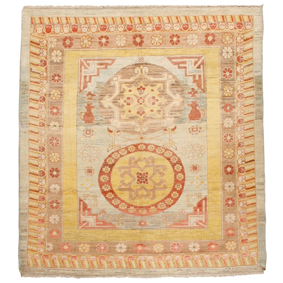 Vintage Inspired Khotan Hand-Woven Wool Rug 96 x 105 in: Vintage Inspired Khotan Hand-Woven Wool Rug 96 x 105 in Enhance your space with this exquisite vintage inspired Khotan rug, featuring a classic square design that measures 96 in (243.84 cm) in width a