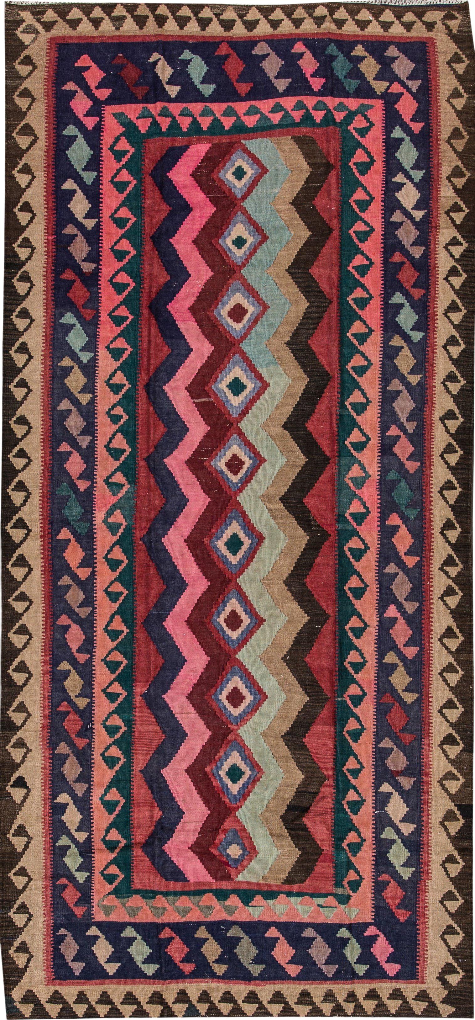 Vintage Mid-20th Century Persian Kilim Rug Wool 4'7" x 10'5" Geometric Motif Tan (1 of 10)