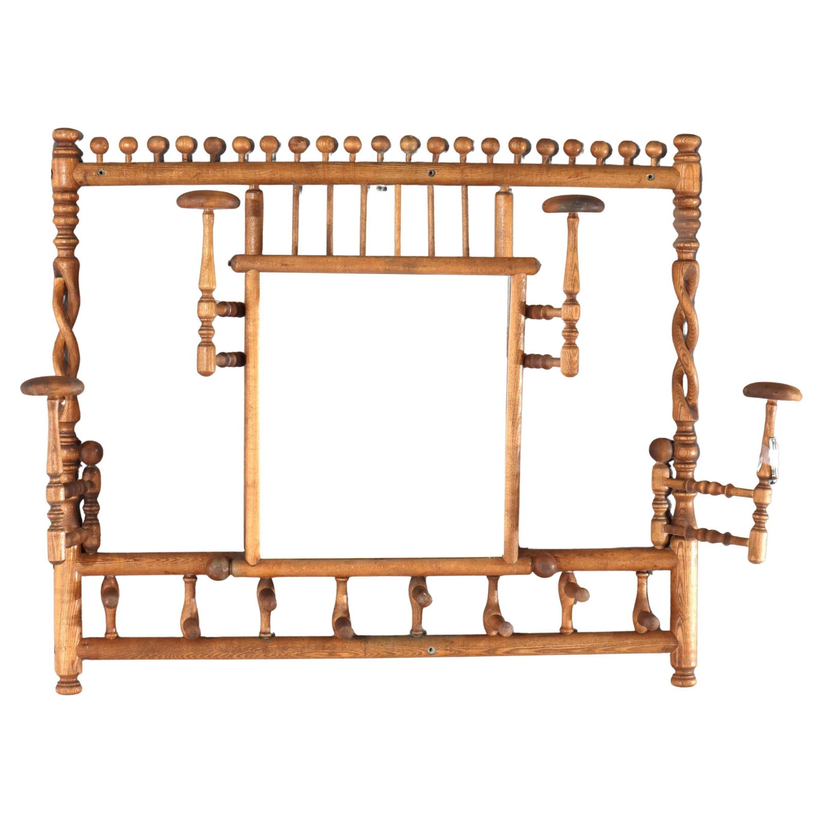 C1920 Antique Oak Stick & Ball Hat Rack with Mirror: C1920 Antique Oak Stick & Ball Hat Rack with Mirror This elegant antique hat rack, crafted in the Stick & Ball style, dates to circa 1920. Made from oak, it features intricate turned wood detailing an