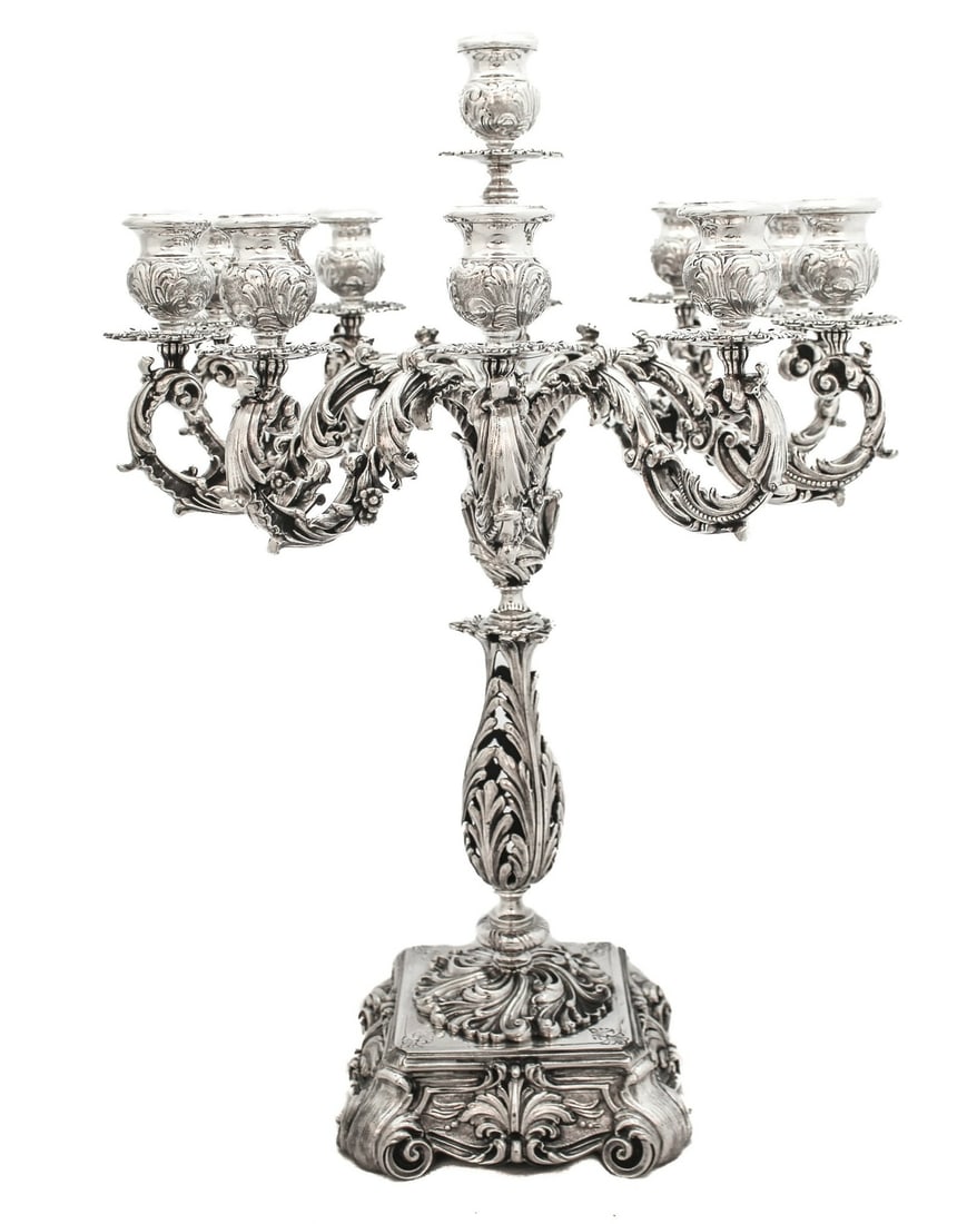 Italian 925 Sterling Silver Eleven Light Candelabra with Leaf Appliques (1 of 6)