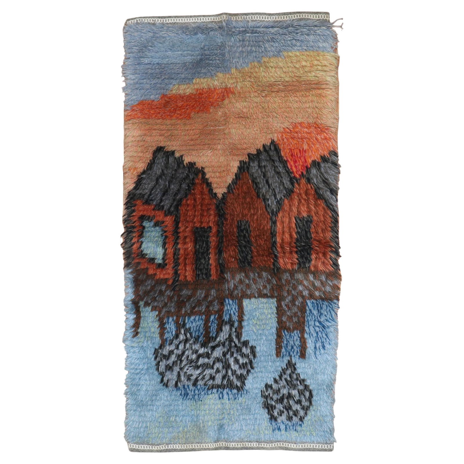 Mid-20th Century Swedish Rya Hand-Woven Mini Rug 22x45: Mid-20th Century Swedish Rya Hand-Woven Mini Rug 22x45 This exquisite Swedish Rya Water Bungalow Mini Rug showcases a charming Adirondack style, ideal for adding a pop of color and personality to any