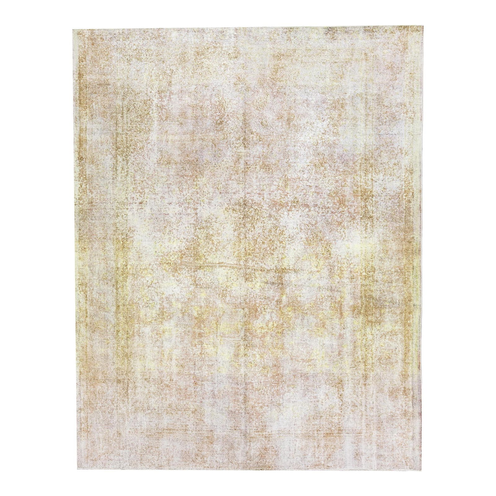 Yellow Vintage Overdyed Handmade Wool Rug 9'3" x 11'9": Yellow Vintage Overdyed Handmade Wool Rug 9'3" x 11'9" This stunning vintage overdyed handmade wool rug features a beautiful tan field adorned with vibrant yellow and white accents in an all-over