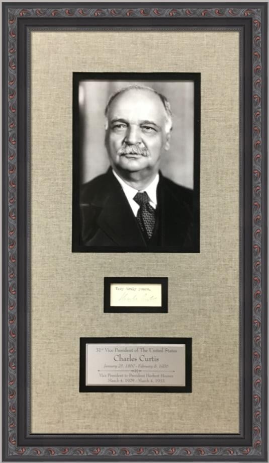 Charles Curtis Cut Signature Custom Framed JSA Authenticated 22x15: Charles Curtis Cut Signature Custom Framed JSA Authenticated 22x15 This is a custom framed cut signature of Charles Curtis, the 31st Vice President of the United States under Herbert Hoover. The signa