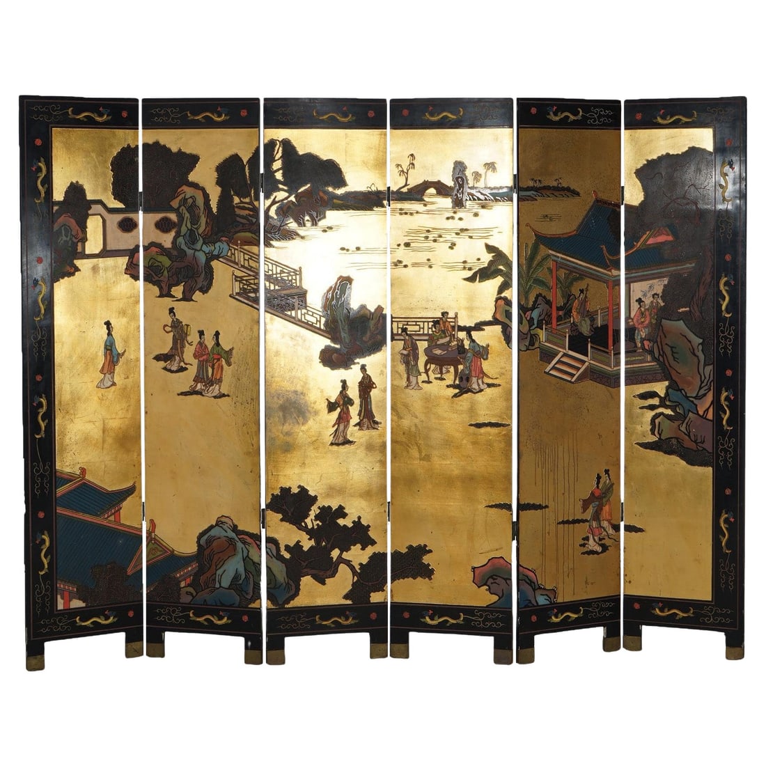 Antique Japanese Ebonized Gilt Chinoiserie Six-Panel Screen c1920 (1 of 12)