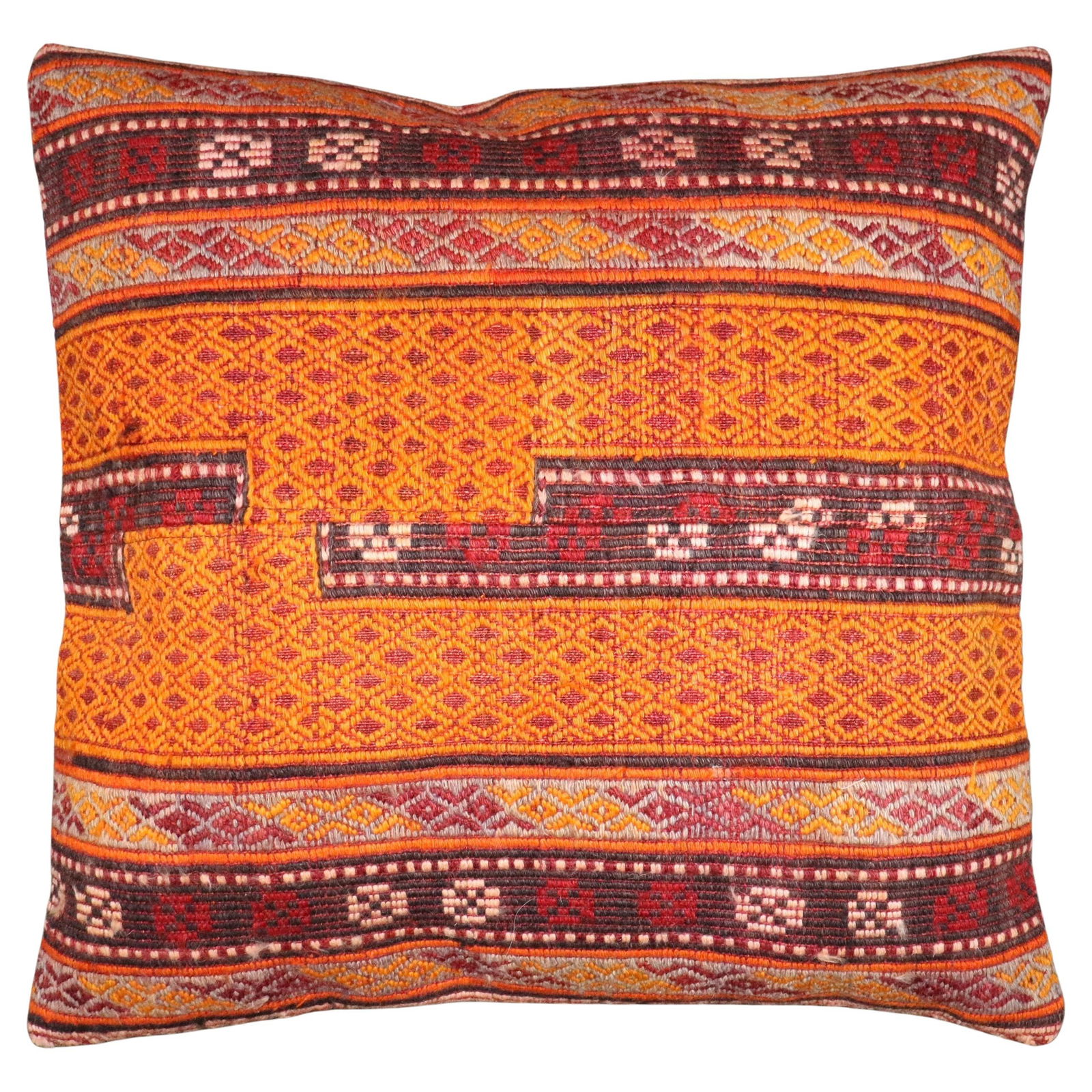 Adirondack Style 24" Turkish Jajim Wool Cotton Pillow from Iran: Adirondack Style 24" Turkish Jajim Wool Cotton Pillow from Iran This is a mid-20th century pillow crafted from a Turkish flat-weave textile, featuring a blend of cotton, foam, and wool materials. Show