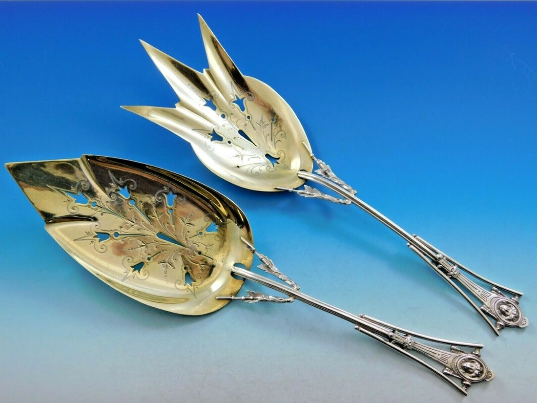 Wood & Hughes Medallion Sterling Silver Fish Serving Set 2-Piece Gold Washed (1 of 9)