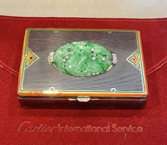 Cartier Art Deco 18K Gold Diamond Jade Jewelry Box: Cartier Art Deco 18K Gold Diamond Jade Jewelry Box Discover the exquisite craftsmanship of this Cartier Art Deco jewelry box, meticulously crafted from 18K yellow gold. This luxurious piece features s