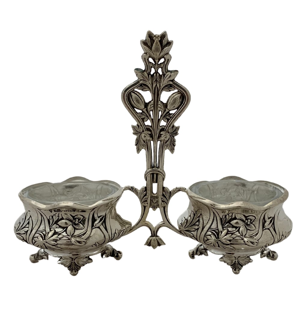 Topazio 925 Sterling Silver Floral Double Salt Holder Handmade in Portugal (1 of 3)