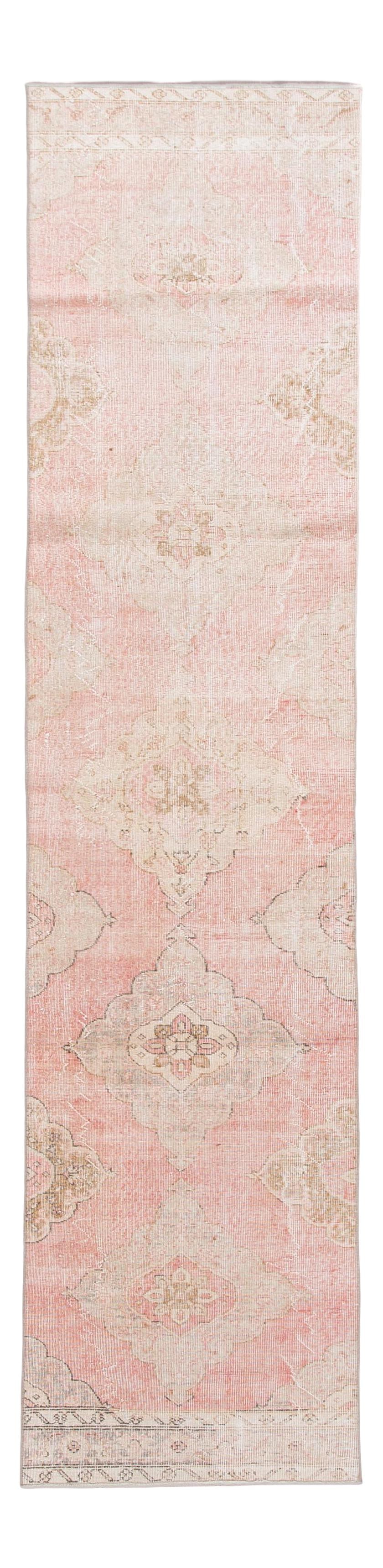 Vintage Turkish Hand-Knotted Pink Beige Wool Runner 2'11 x 12'6: Vintage Turkish Hand-Knotted Pink Beige Wool Runner 2'11 x 12'6 Enhance your space with this beautiful vintage Turkish hand-knotted wool runner rug. Featuring a pink and beige field, this rug