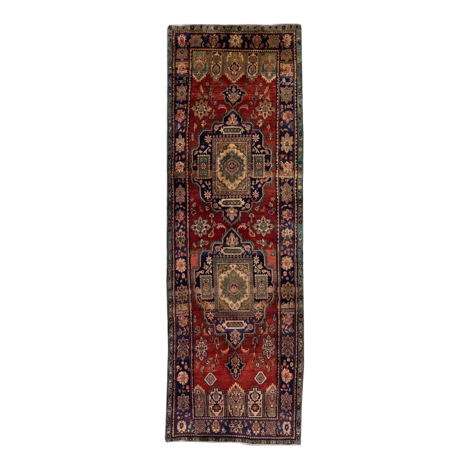 1960s Persian Heriz Handmade Wool Runner Red Medallion 4'6 x 13'11: 1960s Persian Heriz Handmade Wool Runner Red Medallion 4'6 x 13'11 Elevate your space with this exquisite vintage Persian Heriz runner, hand-knotted from high-quality wool. The striking red color fiel
