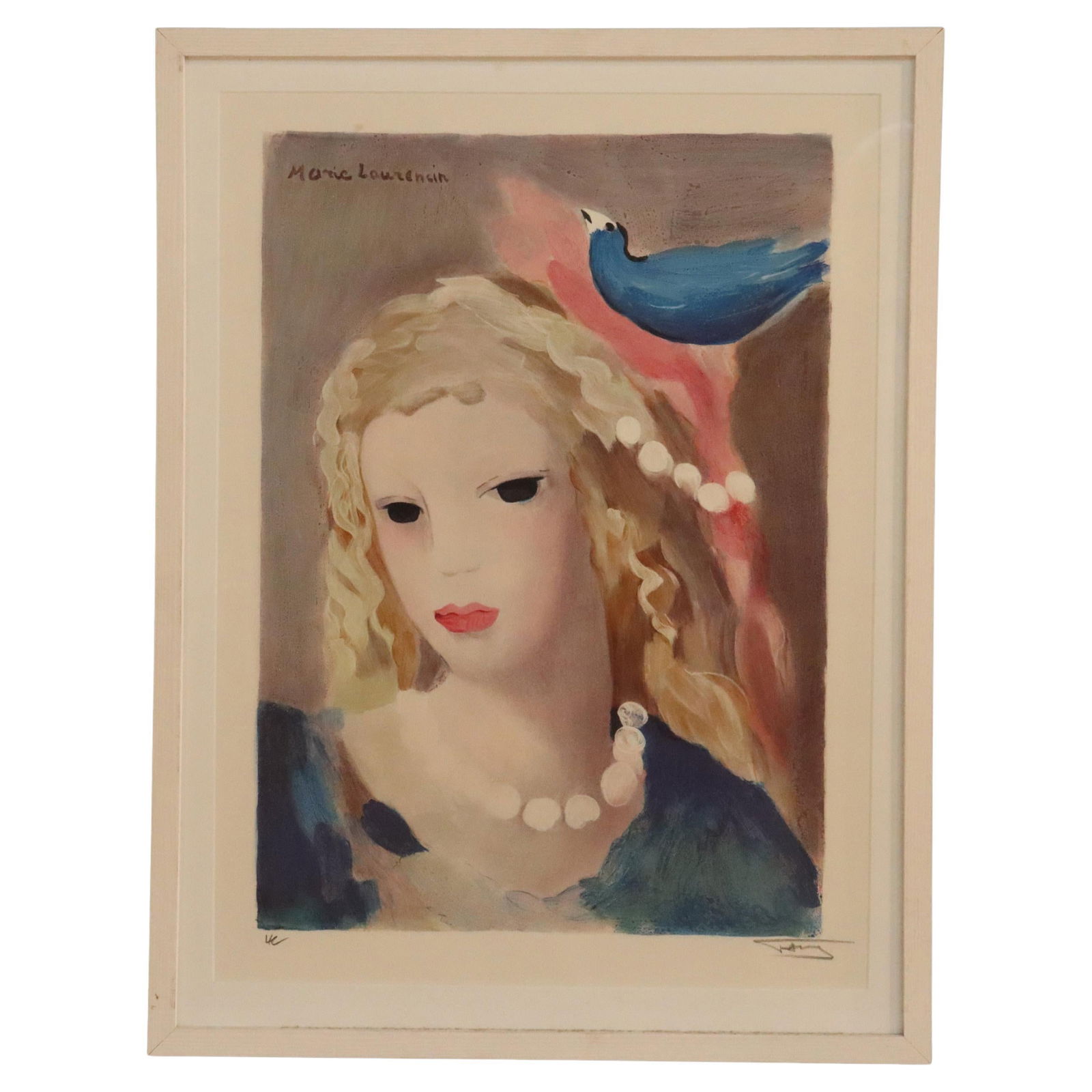 Signed Marie Laurencin Femme A La Colombe Early 20th Century French Print With Seal: Signed Marie Laurencin Femme A La Colombe Early 20th Century French Print With Seal This is an antique French print titled 'Femme A La Colombe' by Marie Laurencin, created around 1930. The piece showc