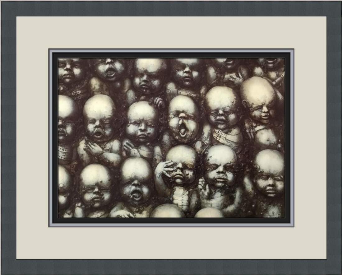 H. R. Giger Landscape XVIII Custom Framed Surreal Art Print: H. R. Giger Landscape XVIII Custom Framed Surreal Art Print This custom framed print, titled "Landscape XVIII," is a stunning piece by renowned artist H. R. Giger, created in 1977. Measuring 14 x 17 i