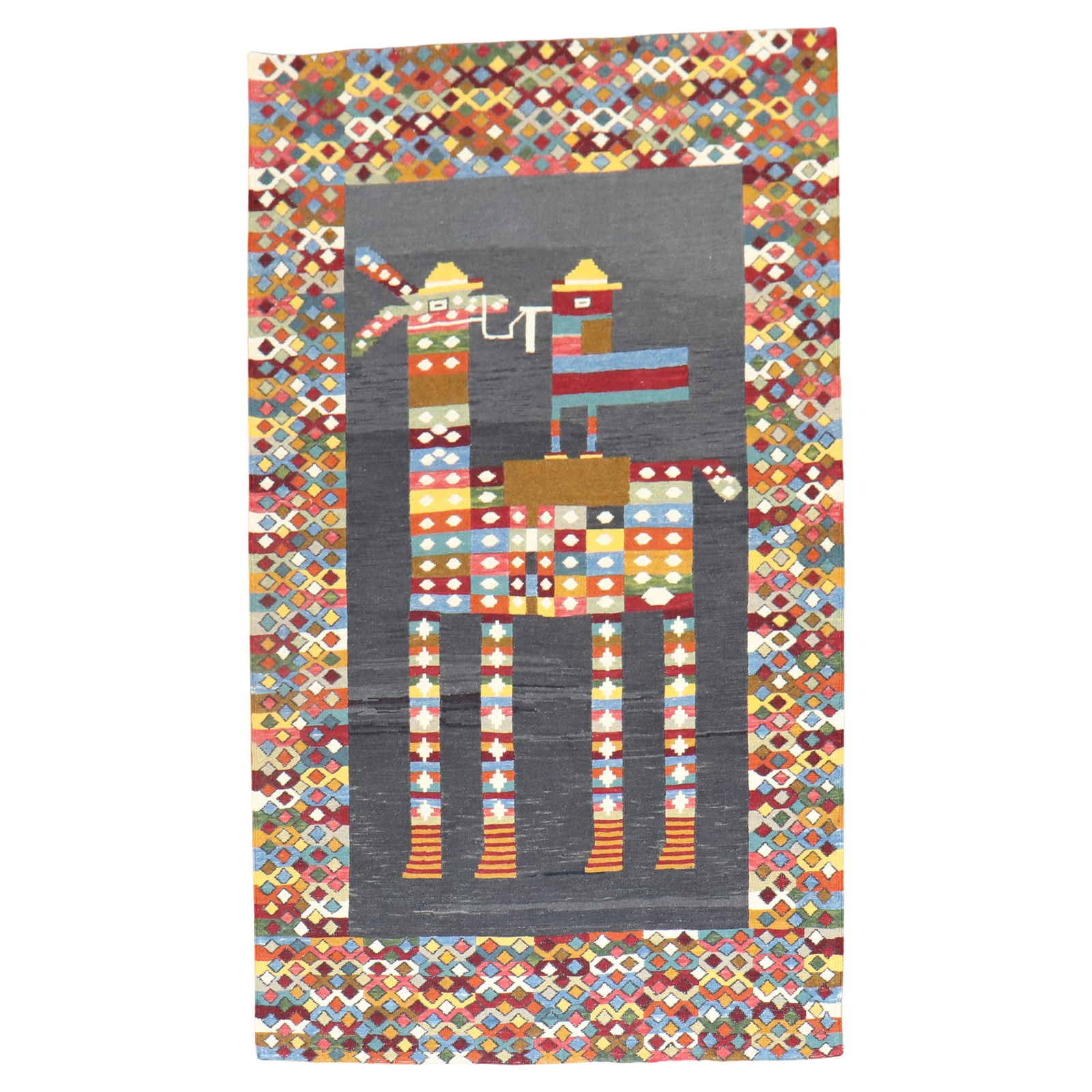 Vibrant Persian Folk Art Kilim Wall Hanging 47 x 75 Wool Late 20th Century: Vibrant Persian Folk Art Kilim Wall Hanging 47 x 75 Wool Late 20th Century This stunning Persian pictorial kilim is a unique piece of folk art from the late 20th century. Featuring a charming design o