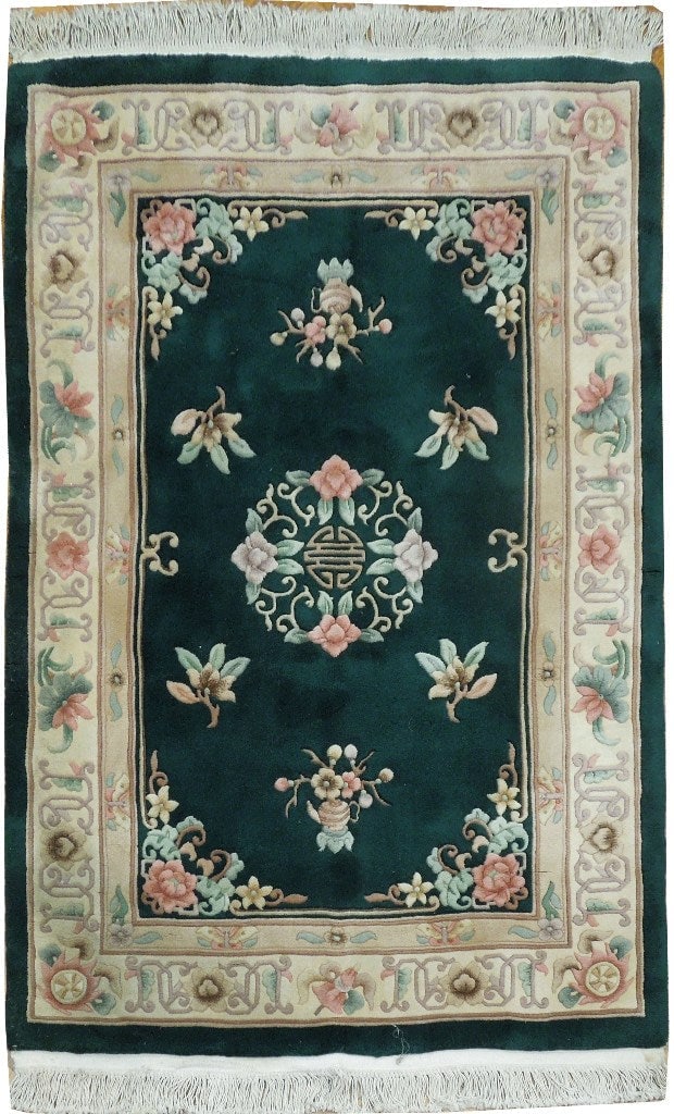 Art Deco 4' x 6' Dark Green Wool Area Rug from China (1 of 6)
