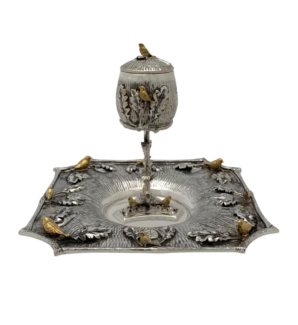 Handmade 925 Sterling Silver Vizniz Cup & Tray Set with Bird Leaf Applique (1 of 5)
