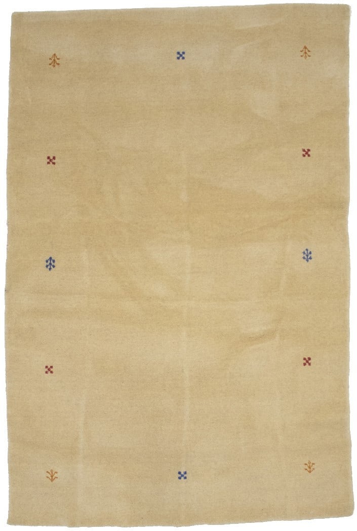 Modern Wool Area Rug 4'4 x 5'10 Hand-Loomed Tribal Gabbeh Design: Modern Wool Area Rug 4'4 x 5'10 Hand-Loomed Tribal Gabbeh Design This hand-loomed Gabbeh rug features a solid beige color with a tribal and modern oriental design. Crafted from wool and made in India,