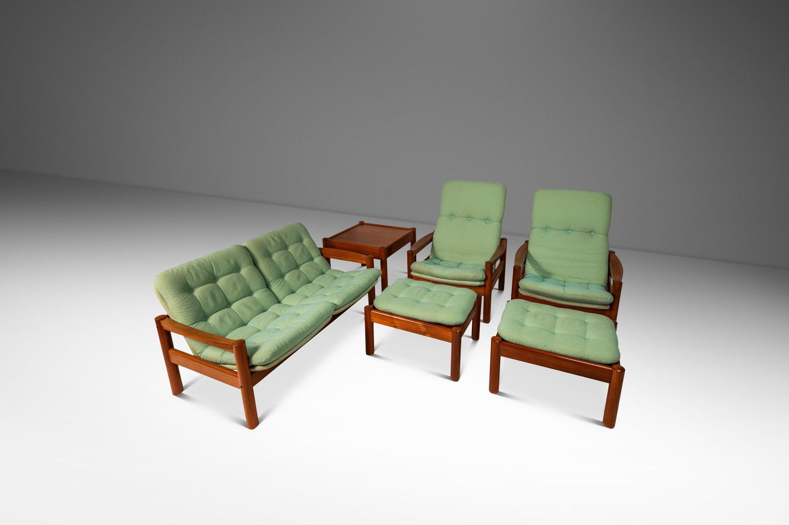 Danish Teak Living Room Set by Domino Mobler 1970s Loveseat Chairs Ottomans Table (1 of 10)