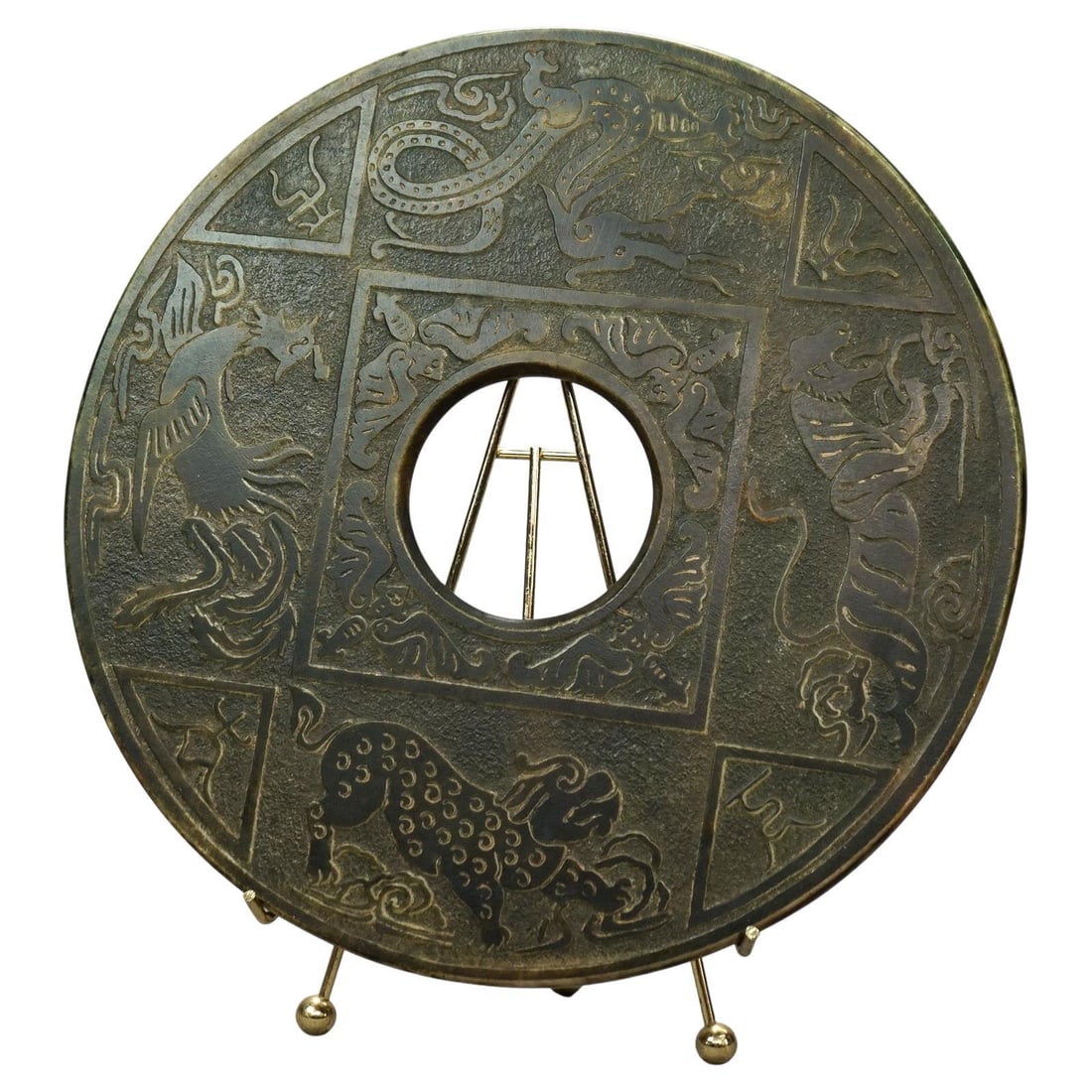 19th Century Antique Chinese Marble Bi Disc with Mythical Figures: 19th Century Antique Chinese Marble Bi Disc with Mythical Figures This exquisite 19th-century Chinese marble Bi disc features intricate carvings of mythical creatures and traditional motifs, showcasin