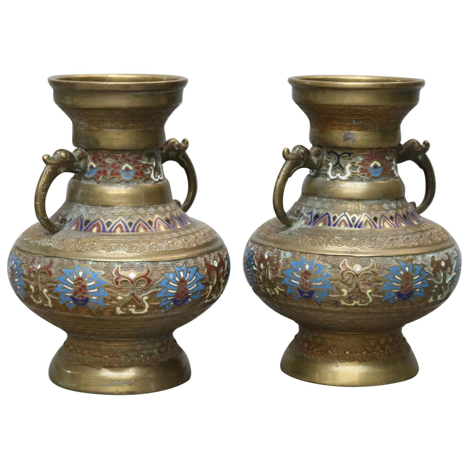 Antique Japanese Champleve Bronze Vase Set of 2 circa 1900 (1 of 5)
