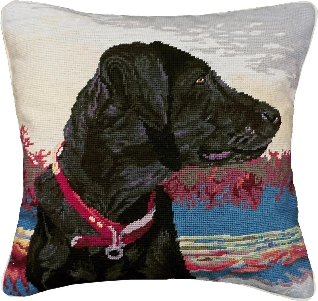 Hand-Made Black Labrador Needlepoint Pillow Arts and Crafts Style (1 of 1)