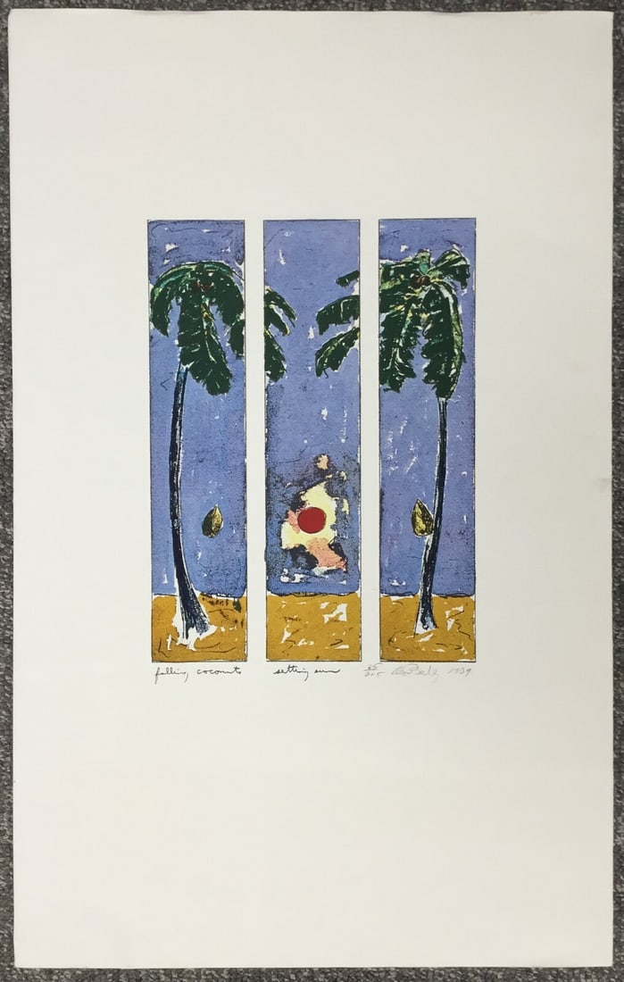 Bill Beckley Falling Coconuts Setting Sun Signed Limited Edition Lithograph 25 x 40: Bill Beckley Falling Coconuts Setting Sun Signed Limited Edition Lithograph 25 x 40 Experience the whimsical beauty of Bill Beckley's "Falling Coconuts Setting Sun," a signed and numbered lithograph t