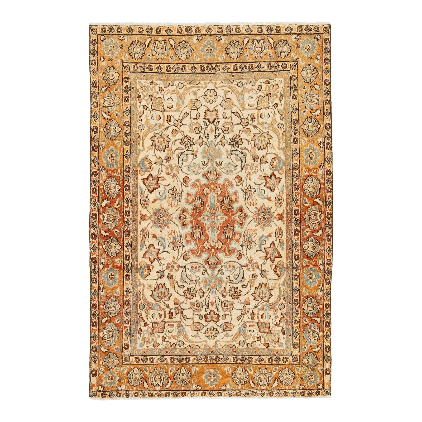 Vintage Mahal Hand-Knotted Wool Rug Beige Floral Design 3'4 x 5'2: Vintage Mahal Hand-Knotted Wool Rug Beige Floral Design 3'4 x 5'2 Enhance your space with this exquisite Vintage Mahal hand-knotted wool rug. Featuring a stunning beige field adorned with an intricate