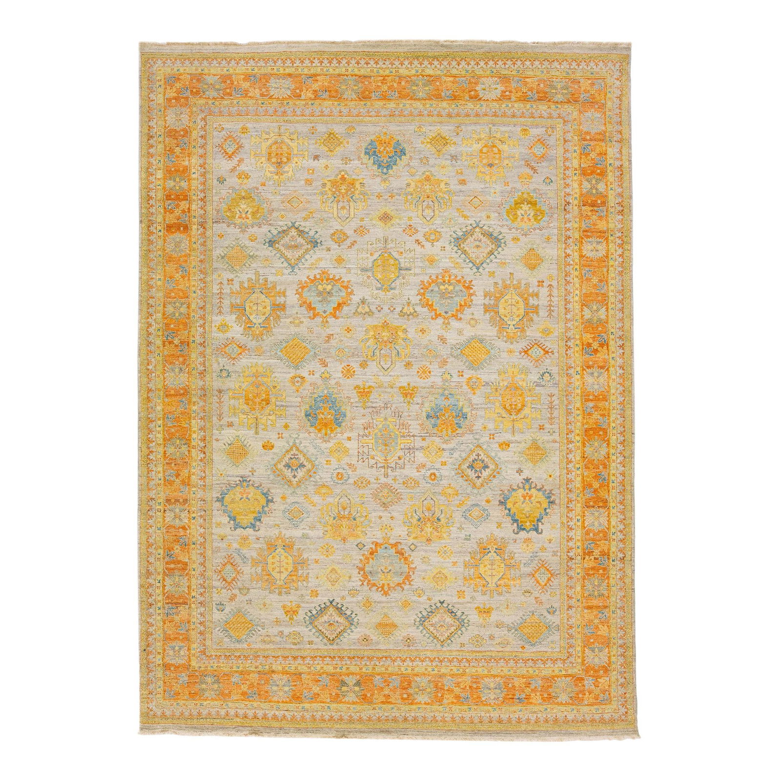 Handmade Beige Wool Rug Artisan in Persian Tabriz Style 10' x 14': Handmade Beige Wool Rug Artisan in Persian Tabriz Style 10' x 14' Elevate your living space with this exquisite handmade wool rug, featuring a modern Persian Tabriz style. The Artisan line combines cl