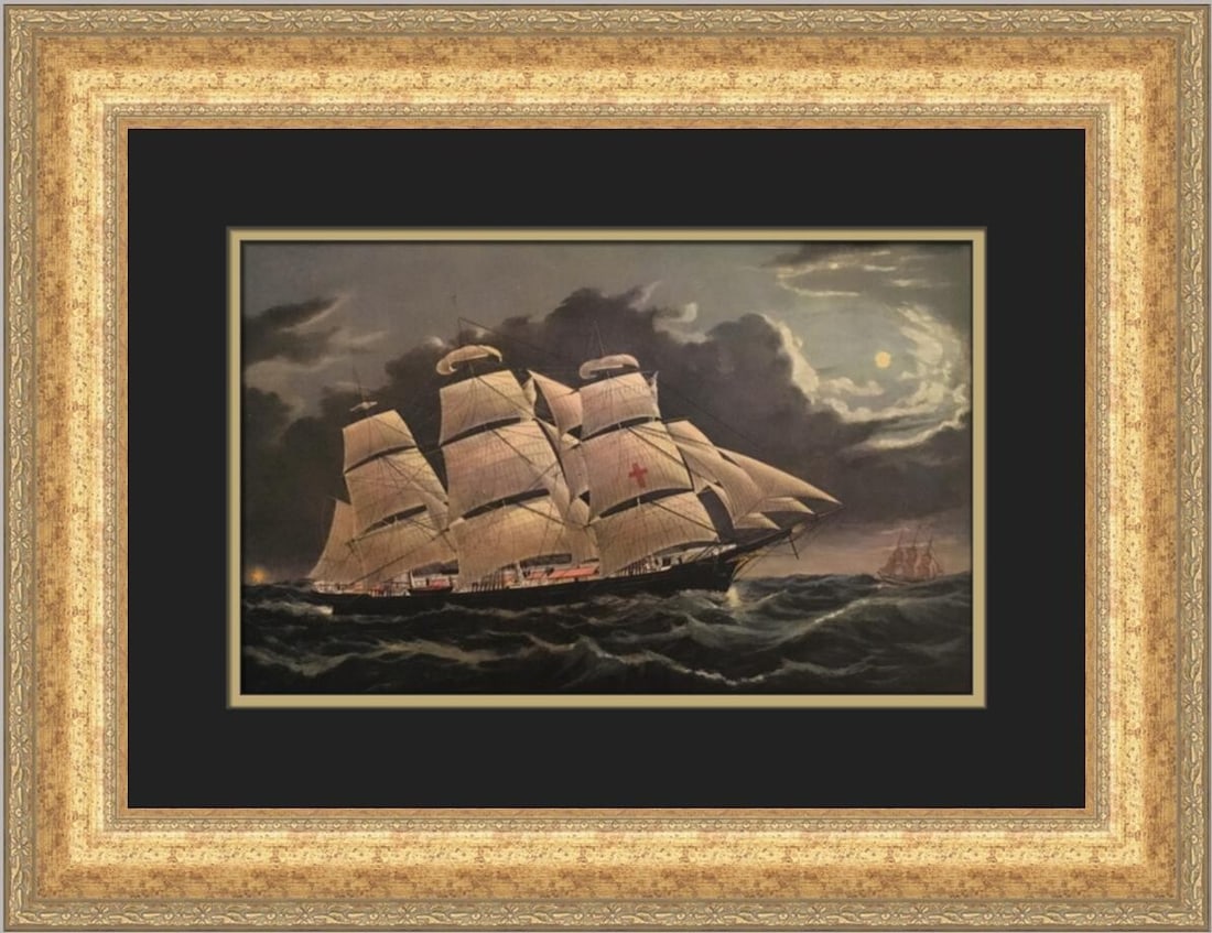 Currier & Ives Clipper Ship The Dreadnaught Custom Framed Print 1952: Currier & Ives Clipper Ship The Dreadnaught Custom Framed Print 1952 This exquisite custom framed print features the iconic Currier & Ives artwork titled "Clipper Ship-The Dreadnaught off Tuskar Light