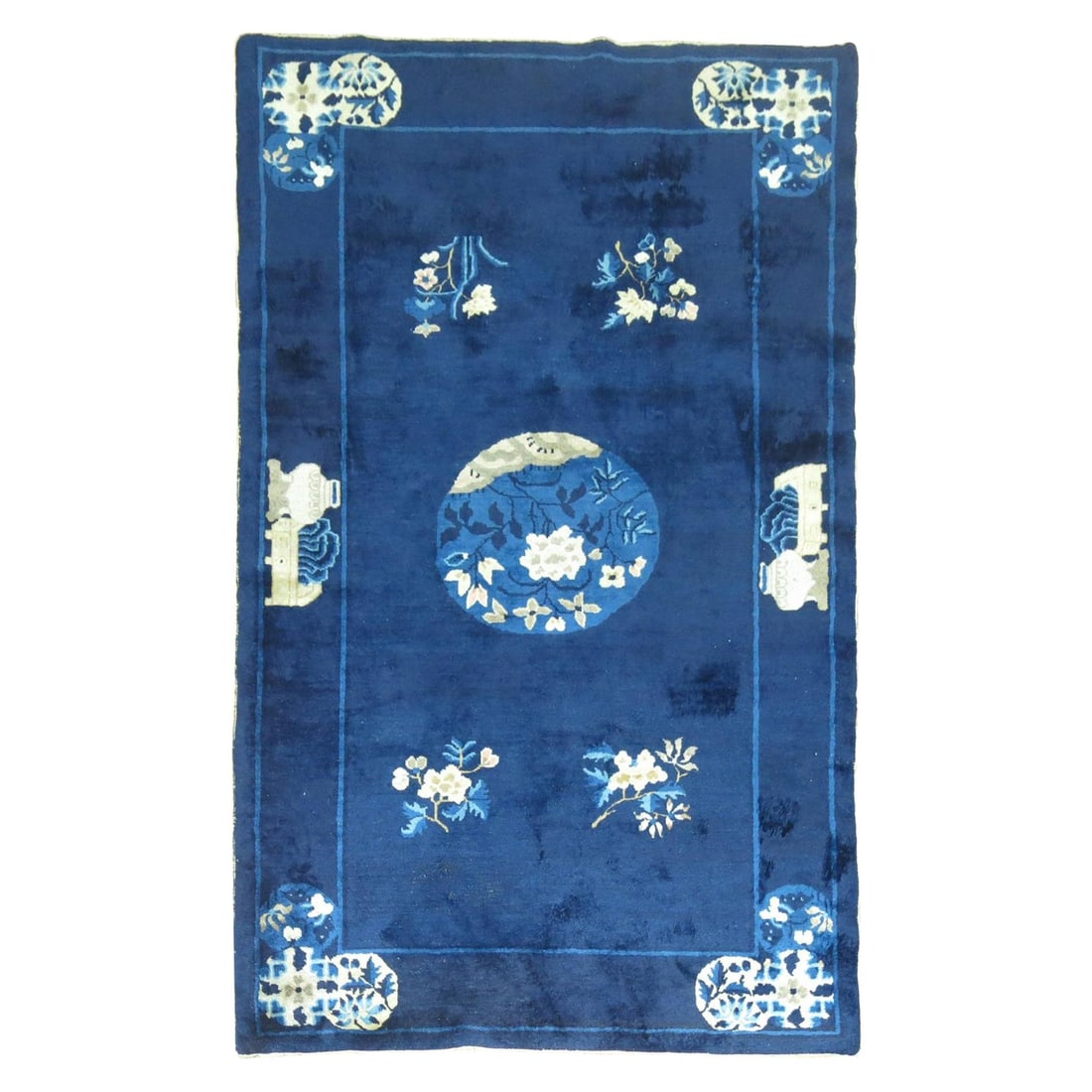 Antique Chinese Peking Rug Navy Blue Ivory Chinoiserie 48 x 81 Hand-Woven Wool circa 1920 (1 of 8)