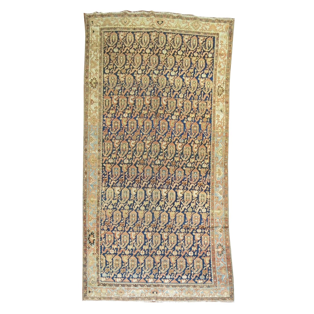 Persian Malayer Blue Terracotta Paisley Gallery Rug 6'7 x 13'6: Persian Malayer Blue Terracotta Paisley Gallery Rug 6'7 x 13'6 This exquisite Persian Malayer gallery rug showcases a stunning large-scale all-over paisley design in rich blues and terracotta hues. Ha