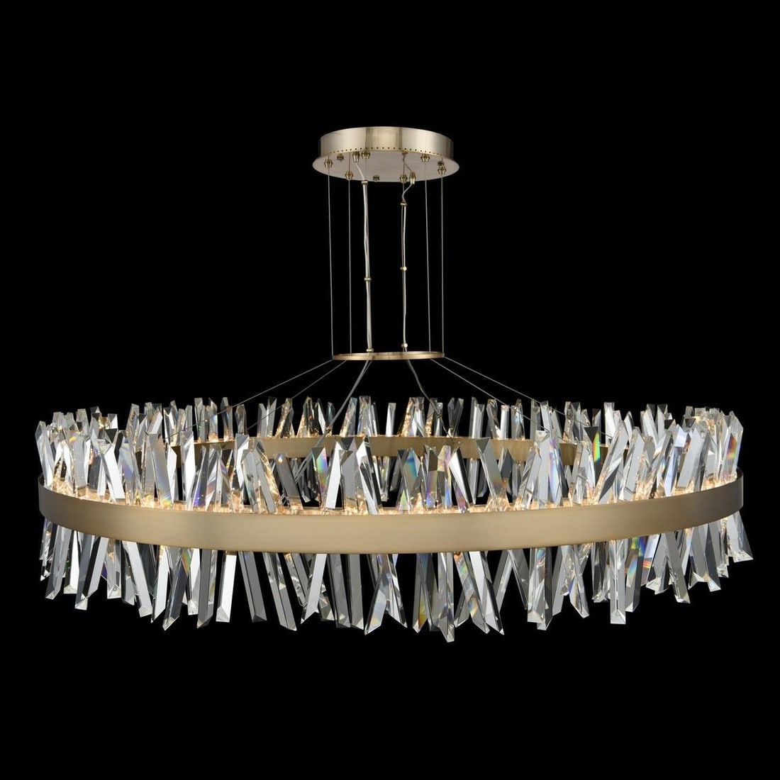 Kalco Glacier Modern LED Pendant Brushed Champagne Gold Crystal 60 Inch: Kalco Glacier Modern LED Pendant Brushed Champagne Gold Crystal 60 Inch Illuminate your space with the Glacier Modern LED Pendant, a stunning centerpiece that beautifully combines contemporary design