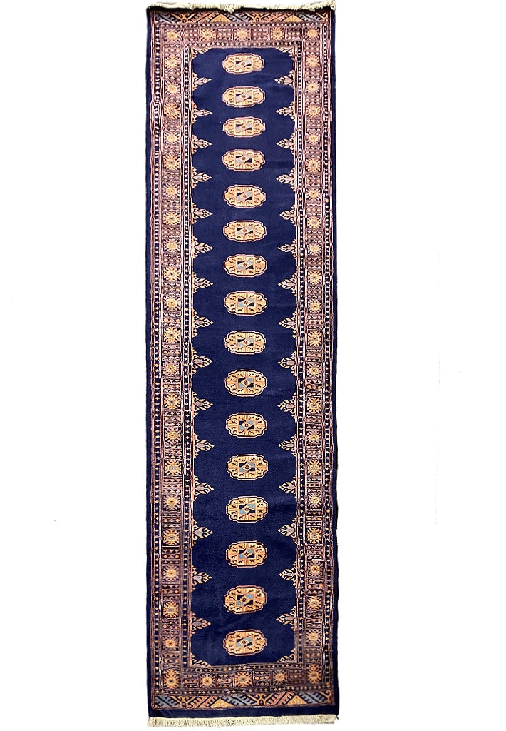 10' Handmade Bokhara Runner in Dark Blue: 10' Handmade Bokhara Runner in Dark Blue Free continental US Shipping Enhance your living space with this exquisite 10-foot handmade Bokhara runner, featuring a rich dark blue color that adds elegance